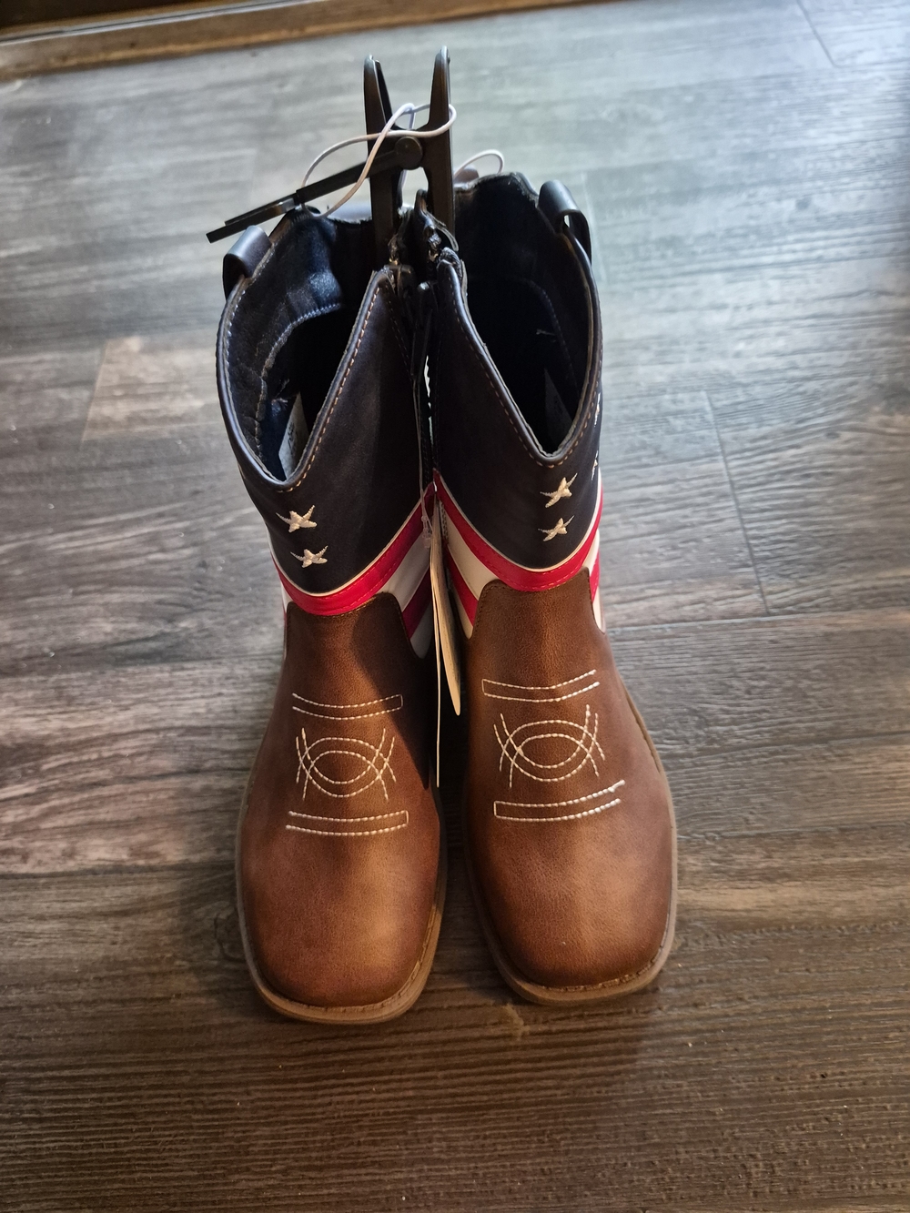 PAWZ Brown Kids Boots with Red & White Stripe Star Accent